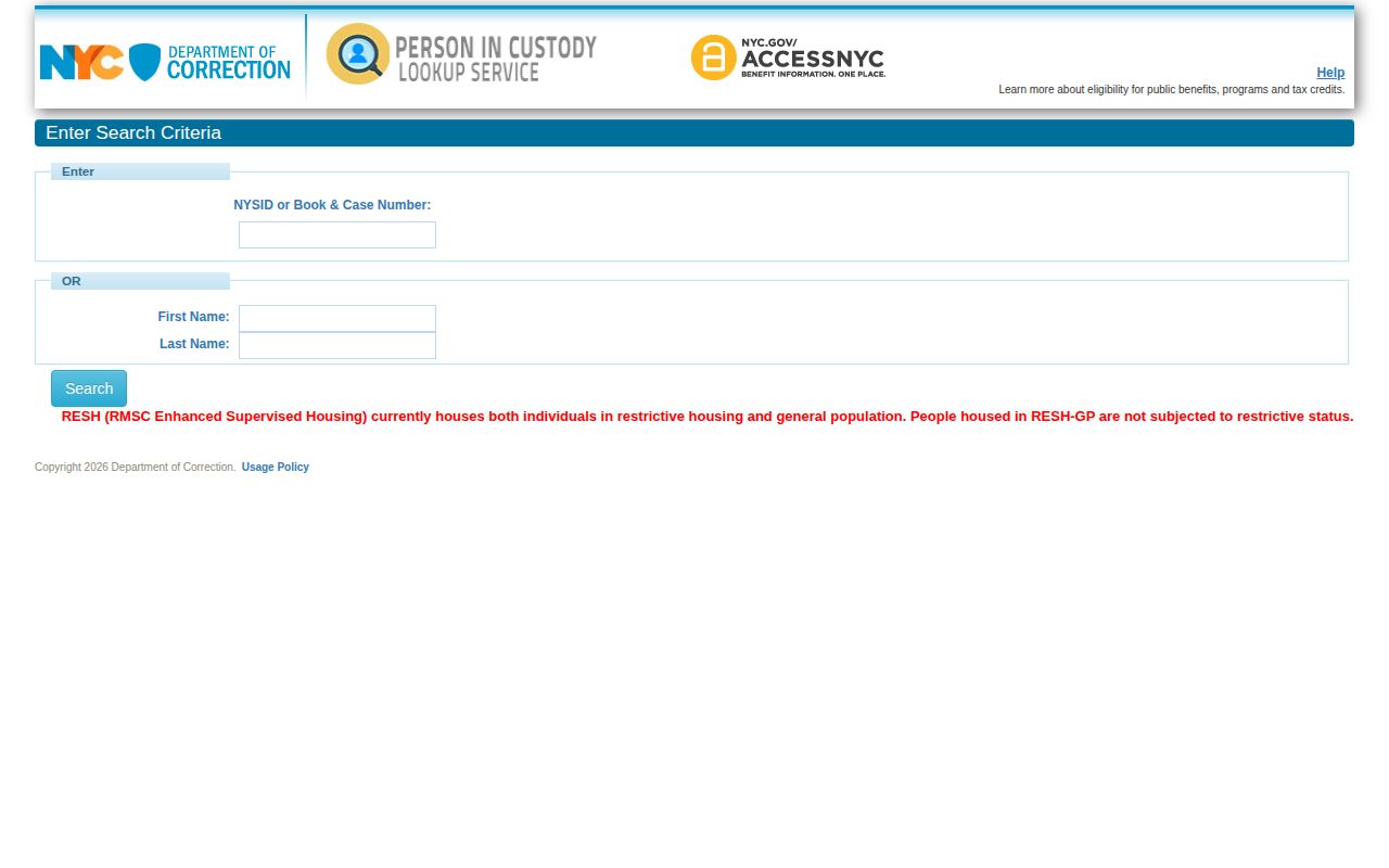 Queens County NYC DOC current custody record lookup interface